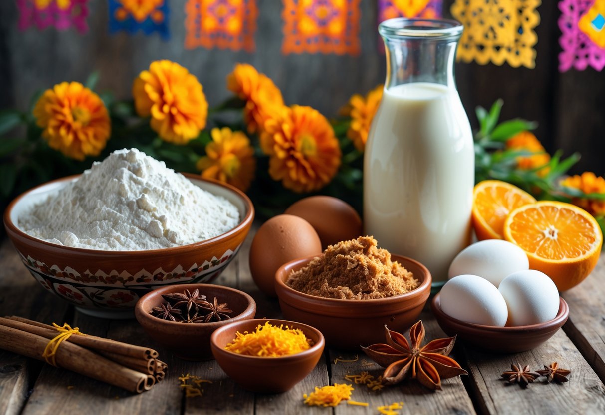 A wooden table with traditional ingredients for Pan de &Aacute;nimas including flour, brown sugar, eggs, cinnamon sticks, anise seeds, orange zest, and milk, surrounded by marigold flowers.