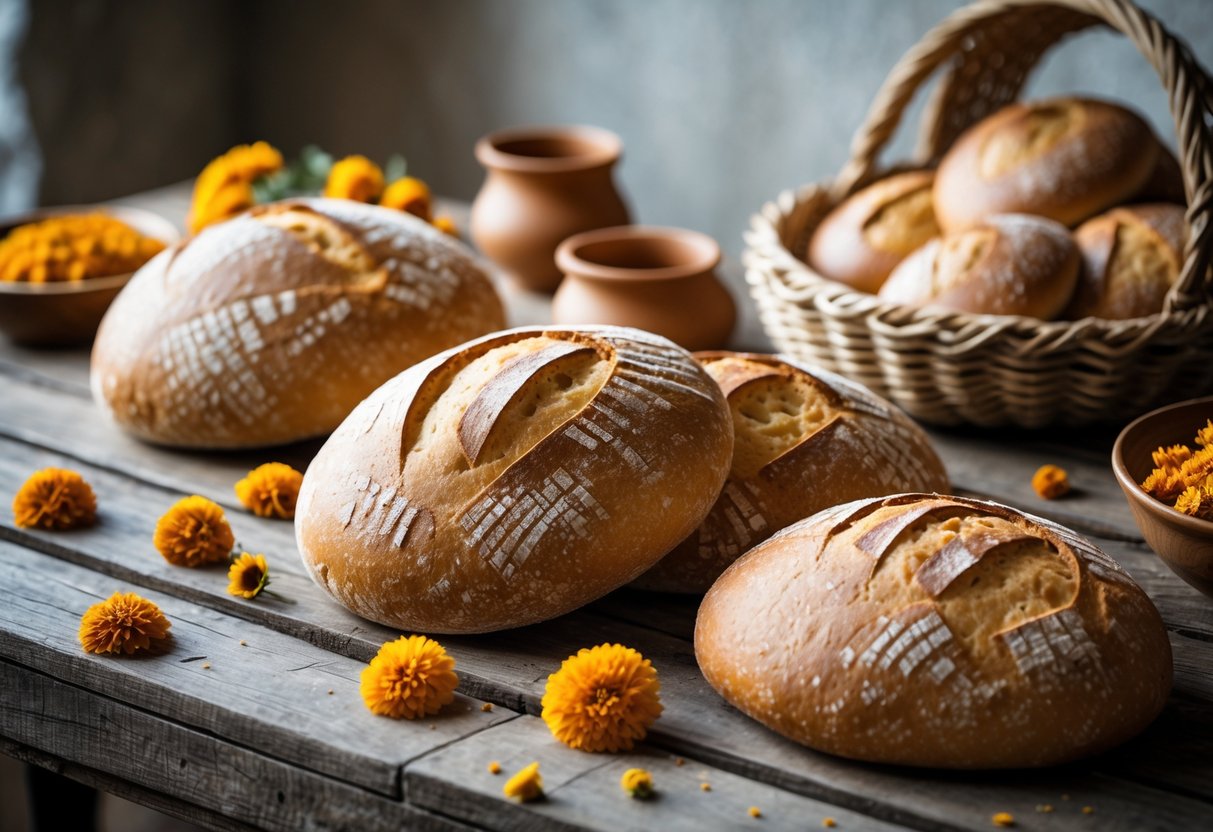 Several round golden-brown loaves of traditional Spanish bread arranged on a wooden table with dried flowers and pottery nearby.