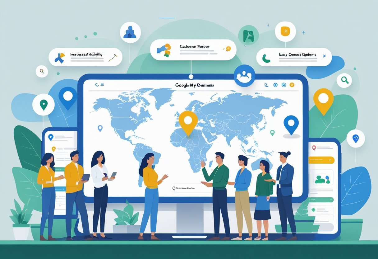 Illustration showing business owners and customers around a digital map with location pins and icons representing benefits of using Google My Business.