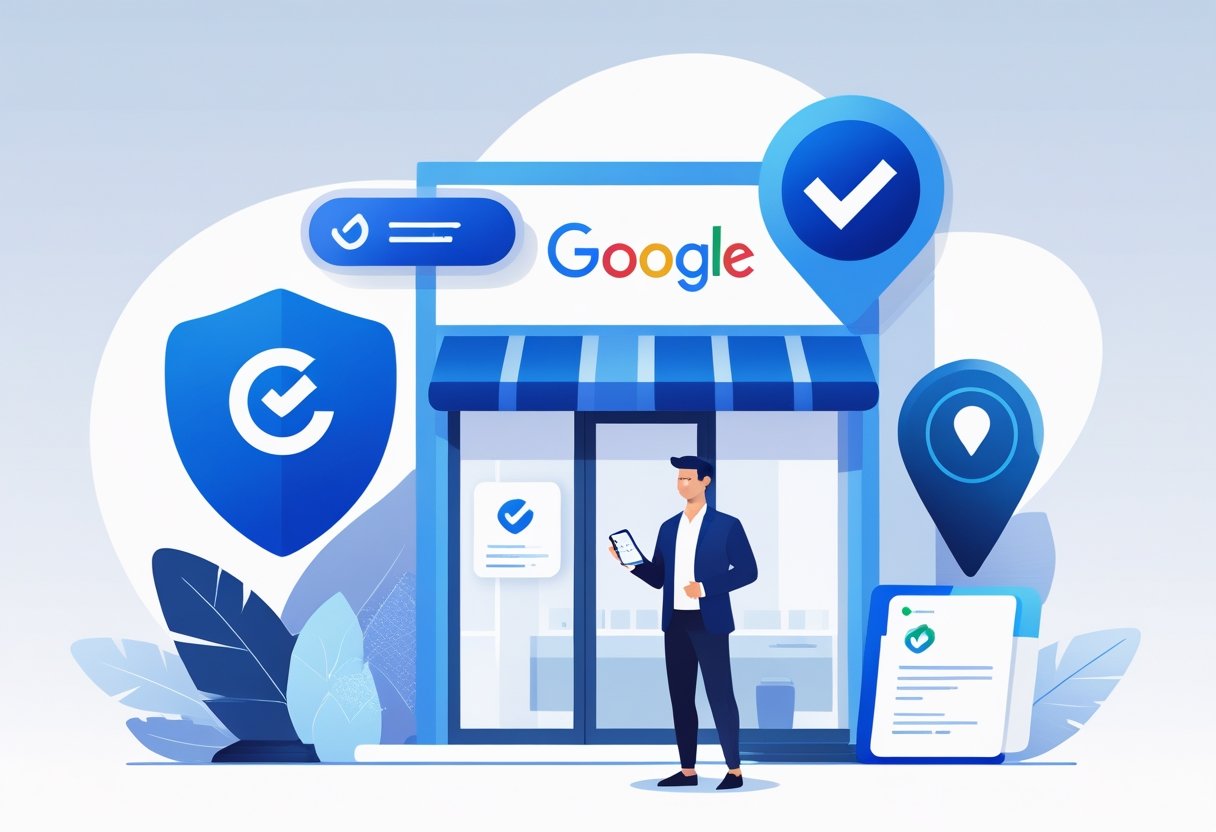 A business owner stands confidently in front of a storefront holding a smartphone showing a verification checkmark, with icons representing business verification around them.