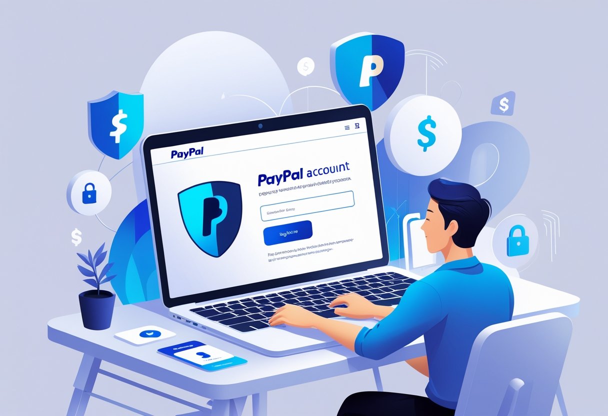 A person using a laptop displaying a PayPal signup page surrounded by icons representing online payments and security.