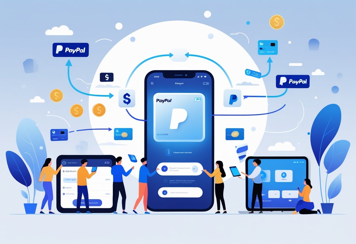 People using digital devices connected by icons and arrows representing secure online payments and money transfers.