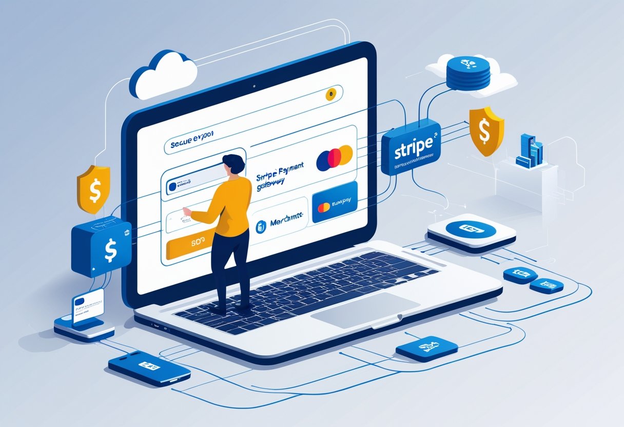 An illustration showing the flow of an online payment through Stripe from a user device to servers, banks, and merchants, with icons representing credit cards and secure data transmission.