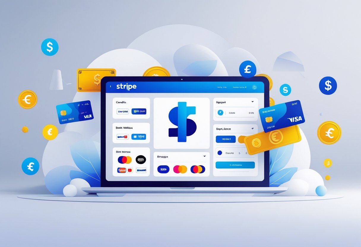 A digital dashboard showing various payment method icons and global currency symbols arranged around a central Stripe logo.