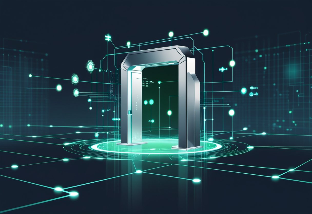 A futuristic gateway surrounded by glowing network nodes and interconnected lines representing data flow and communication.