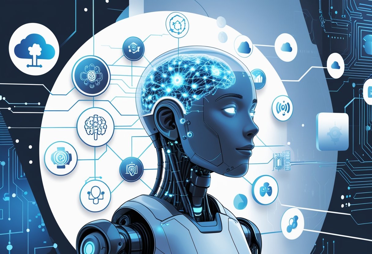 A humanoid robot with a glowing neural network head surrounded by icons representing data, algorithms, machine learning, cloud computing, and digital brain waves in a high-tech environment.