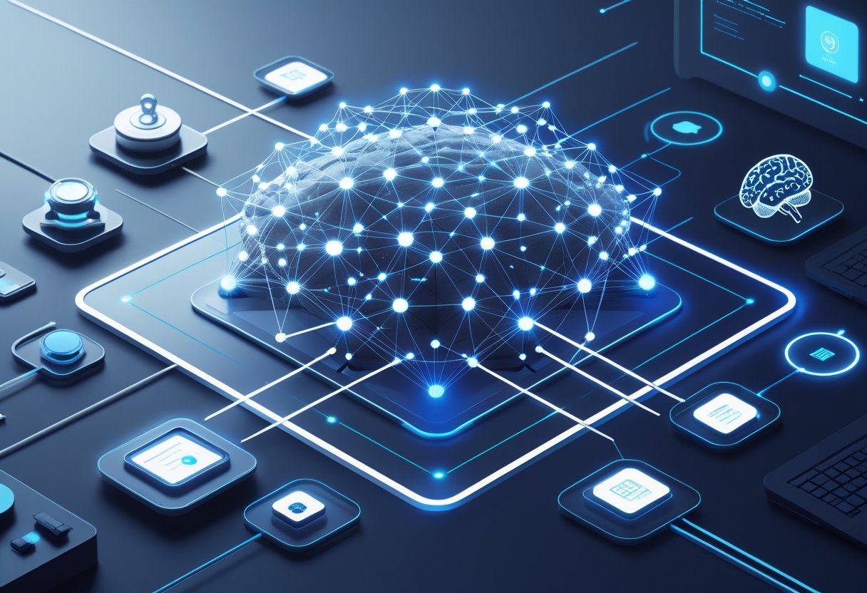 A detailed illustration showing a glowing neural network at the center connected to various AI elements like robotic arms and digital brains, representing machine learning as the foundation of artificial intelligence.