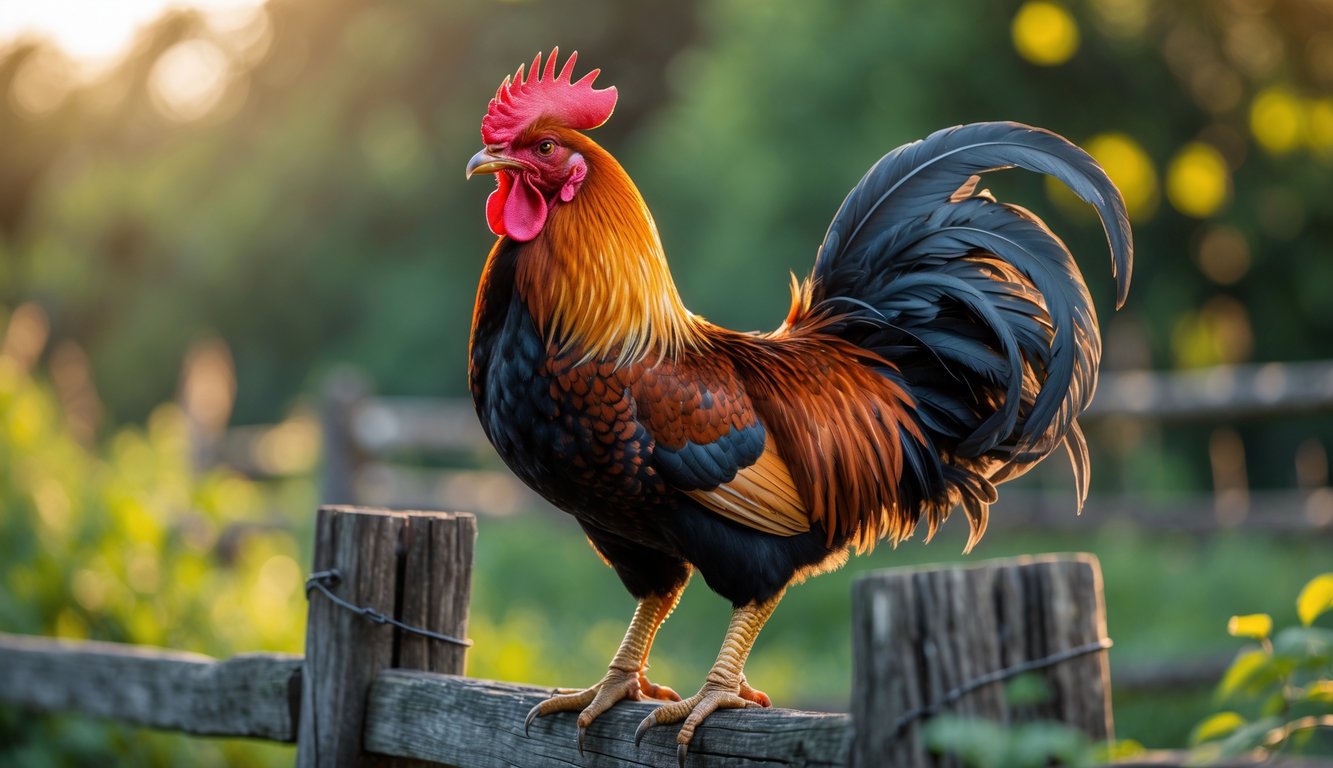 Seekor ayam petarung berdiri di pagar kayu dengan bulu berwarna merah dan hitam, dikelilingi oleh tanaman hijau.