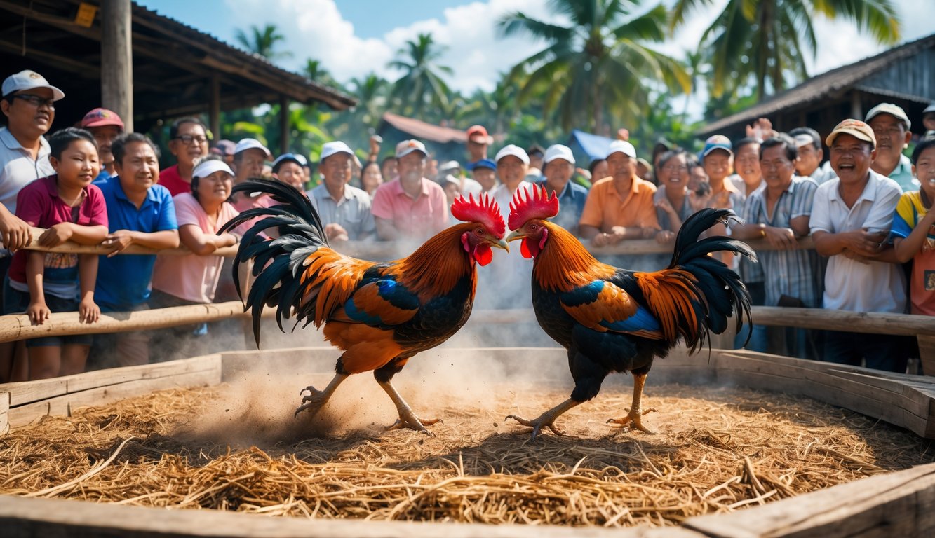 Dua ayam jago sedang bertarung di arena kayu dengan penonton yang antusias di sekitarnya di sebuah desa tradisional.
