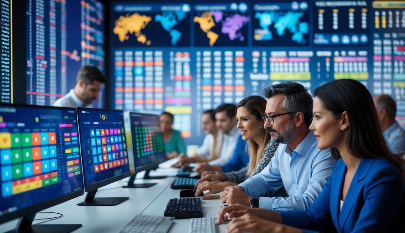 Orang-orang bekerja di depan komputer dengan tampilan hasil lotere dan peta pasar lotere di latar belakang.