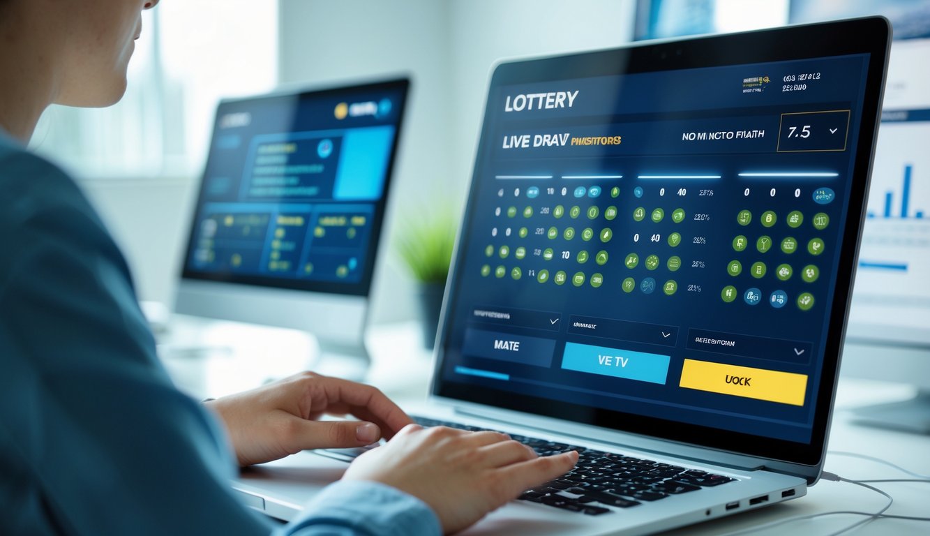 Seseorang menggunakan laptop dengan tampilan undian langsung angka yang diperbarui cepat di ruang kerja modern.