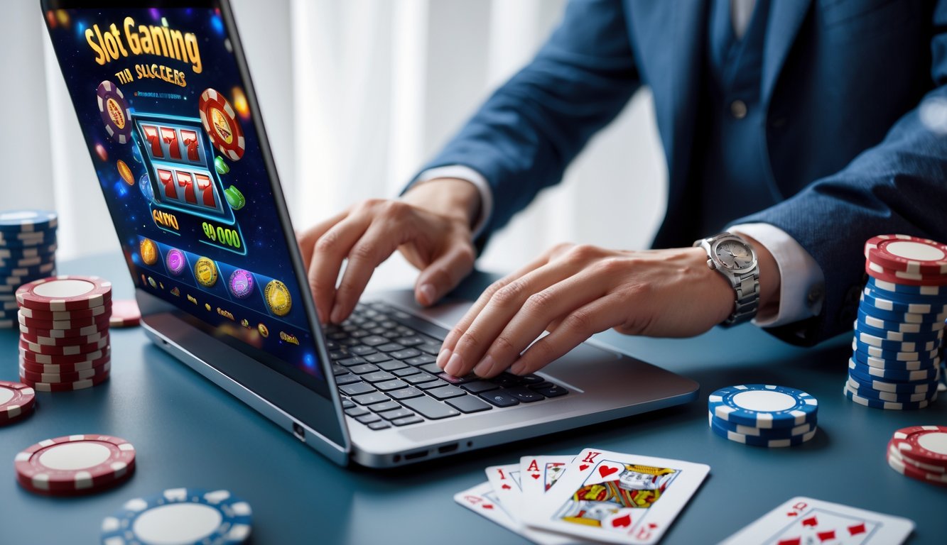 Seorang pria menggunakan laptop dengan tampilan permainan slot online di layar, dikelilingi oleh chip poker dan kartu remi di meja kerja yang rapi.