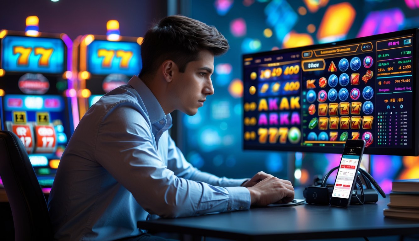 Seorang pria muda fokus duduk di meja modern sambil melihat layar komputer yang menampilkan permainan slot online dan grafik data.