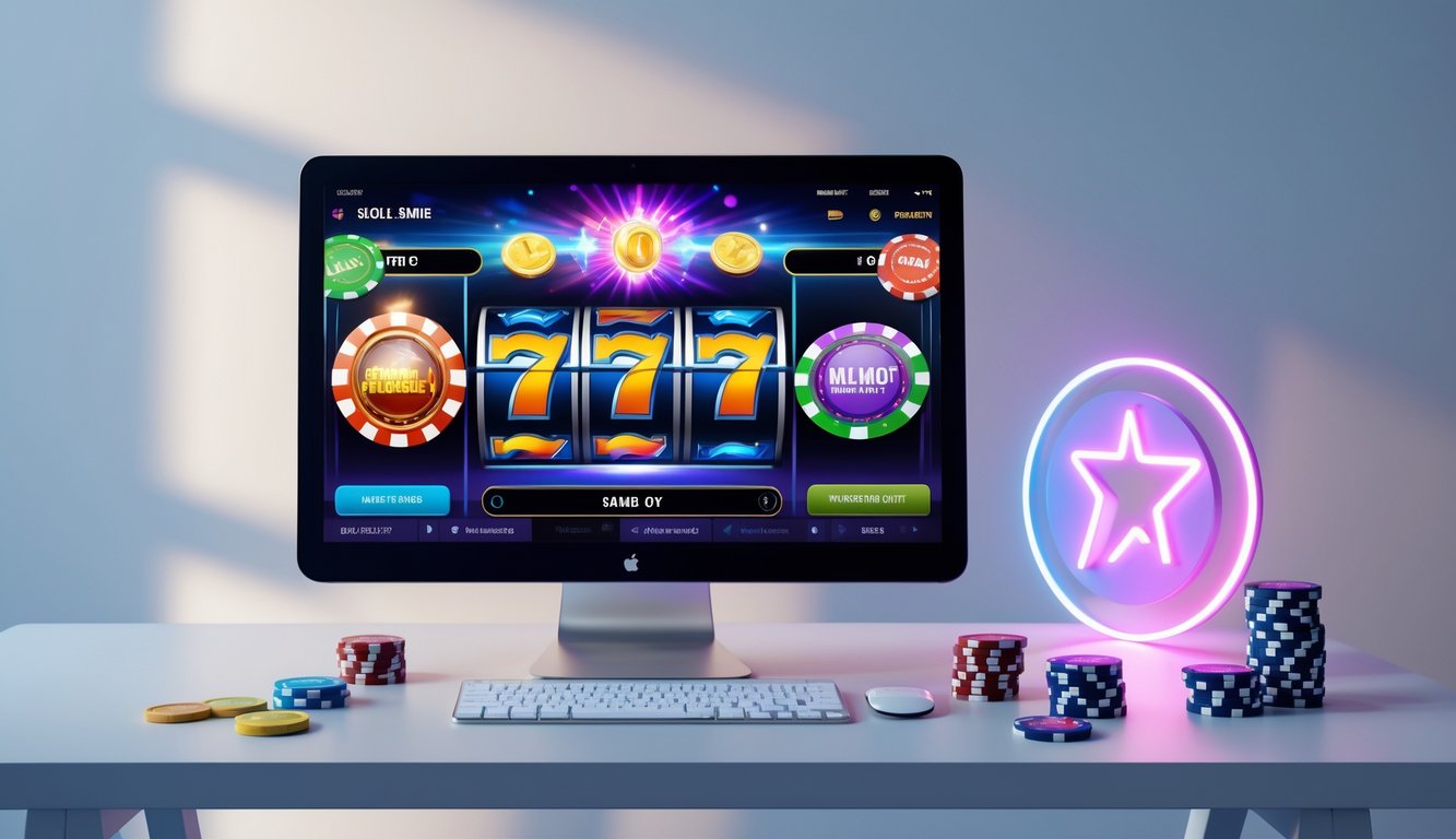 Tampilan antarmuka permainan slot online terbaru dengan desain menarik dan fitur inovatif pada komputer dan ponsel di atas meja.