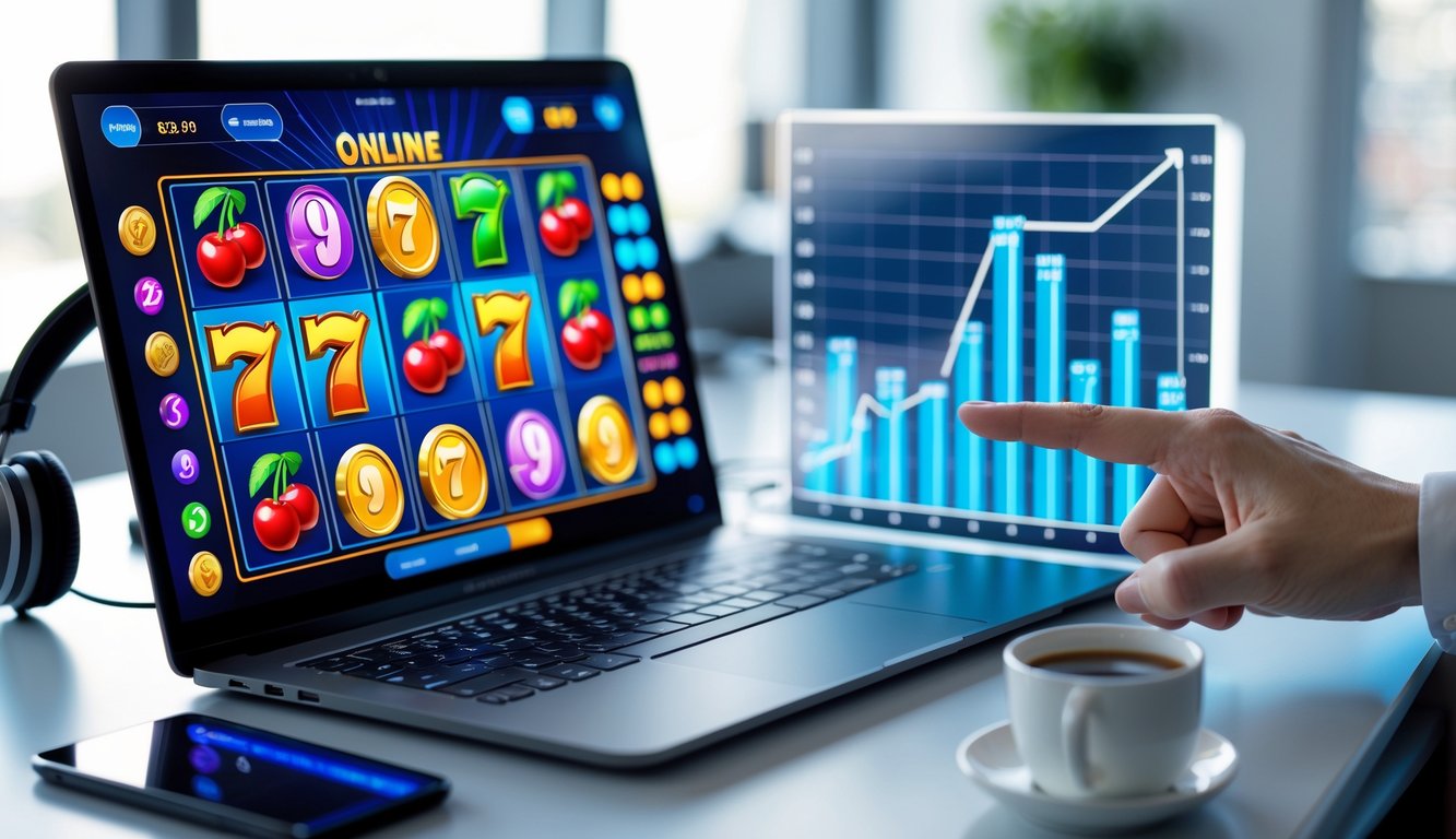 Seorang pengguna sedang menunjuk grafik RTP dan pola permainan slot online yang ditampilkan di layar laptop di meja kerja.