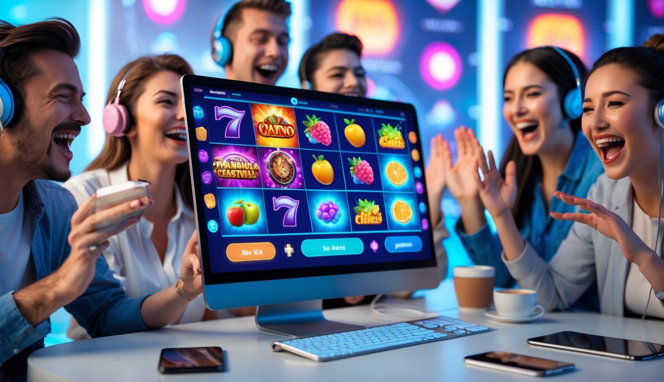 Orang-orang menikmati permainan slot online dengan berbagai tema seru di depan komputer.