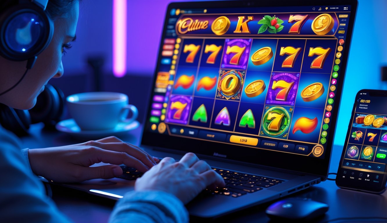 Seorang pemain fokus menggunakan komputer dengan layar menampilkan permainan slot online yang penuh warna dan menarik.