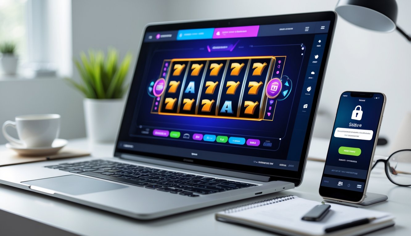 Seorang pengguna sedang bermain mesin slot online di laptop dan ponsel di meja kerja yang rapi dengan suasana kantor rumah yang terang dan tenang.