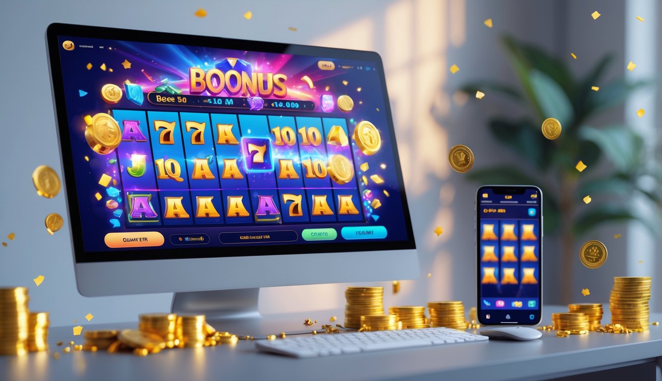 Tampilan antarmuka permainan slot online modern dengan komputer dan ponsel di atas meja, dikelilingi oleh koin emas dan permata berkilau.