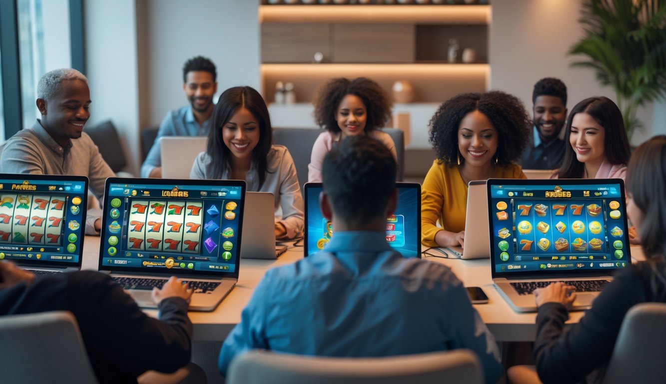 Sekelompok orang dari berbagai usia bermain permainan slot online menggunakan laptop dan ponsel di sebuah ruangan modern.