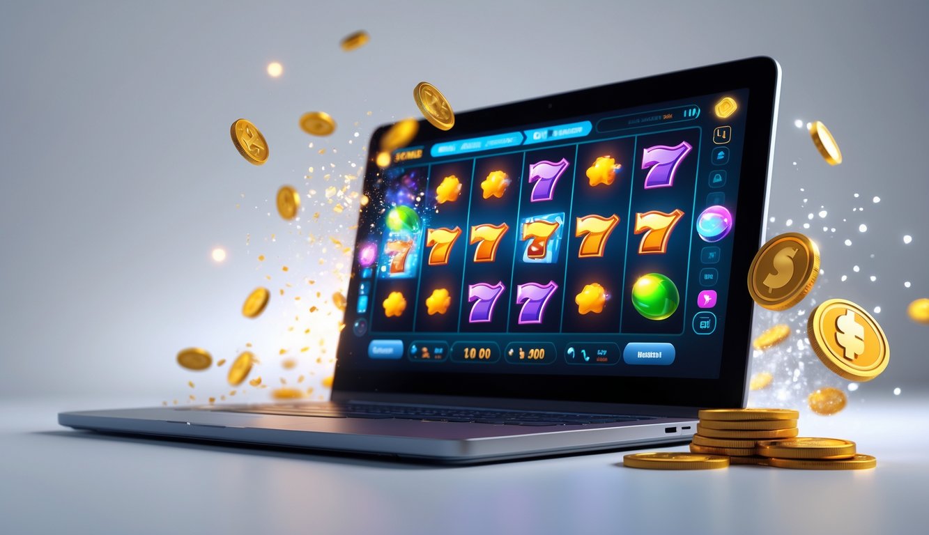 Layar komputer menampilkan permainan slot online dengan gulungan berwarna cerah dan koin yang terlihat seperti sedang jatuh.