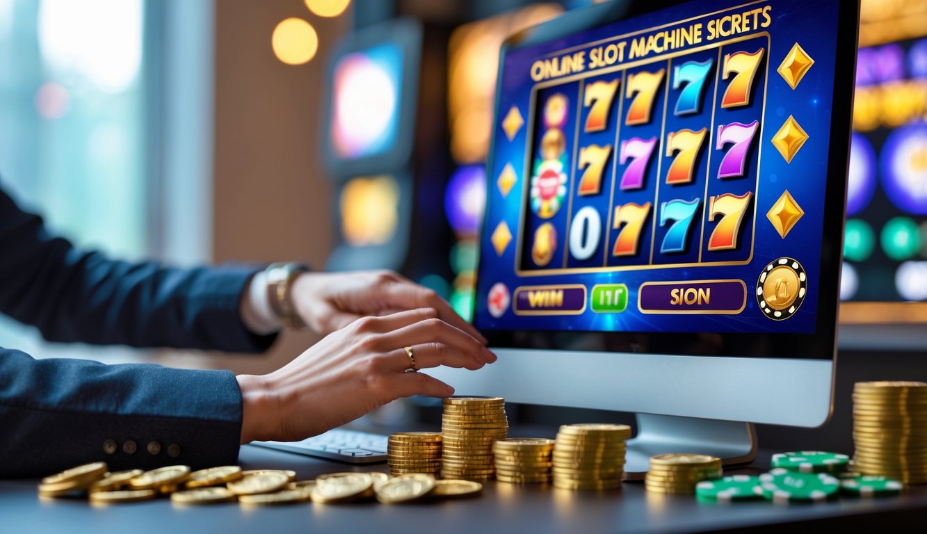 Tangan seseorang bermain mesin slot online di depan layar komputer dengan koin emas dan chip poker di meja.