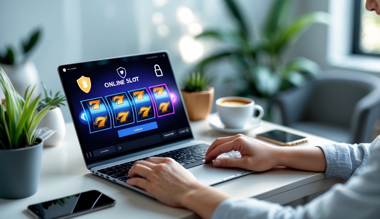 Seseorang duduk di meja dengan laptop yang menampilkan permainan slot online, terlihat santai dan fokus dalam suasana yang nyaman dan aman.
