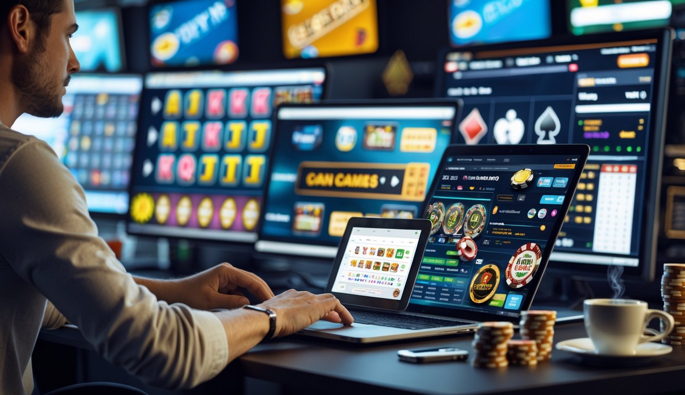 Seseorang yang fokus menggunakan laptop dan ponsel di meja dengan layar menampilkan permainan kasino online dan chip kasino di sekitarnya.