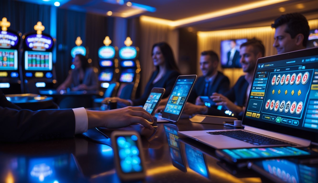 Beberapa orang menggunakan perangkat digital untuk bermain permainan kasino online secara real-time di ruangan modern dengan pencahayaan hangat.