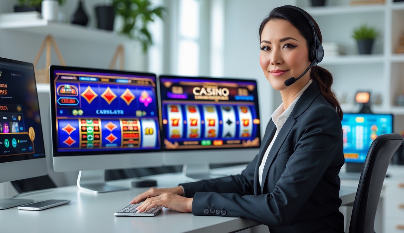 Seorang wanita dewasa duduk di meja dengan beberapa monitor komputer yang menampilkan permainan kasino online, terlihat fokus dan tersenyum di ruang kerja rumah yang rapi.
