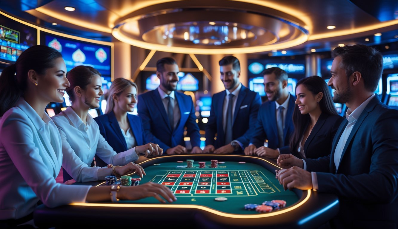 Sekelompok orang bermain permainan kasino online di meja digital dengan suasana kasino modern yang terang dan futuristik.