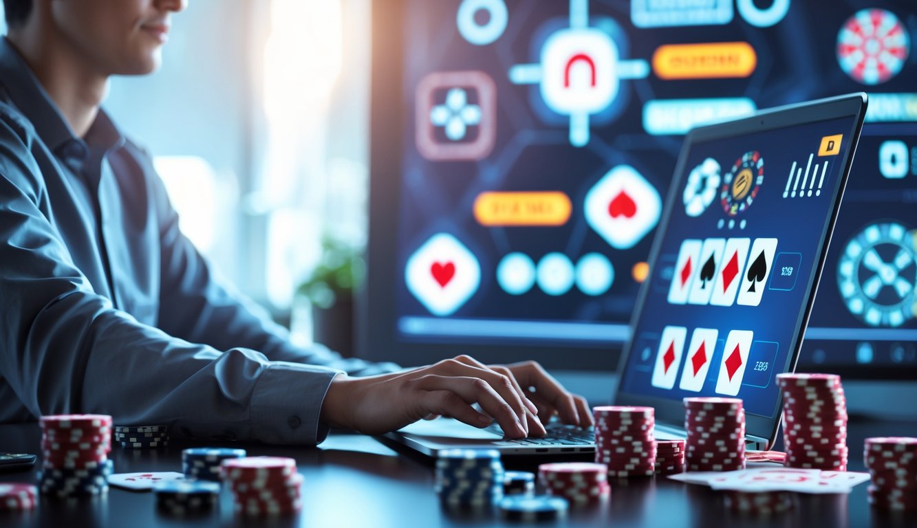 Seorang dewasa muda menggunakan laptop di meja dengan elemen kasino seperti chip poker dan kartu, menunjukkan suasana kasino online yang aman dan terpercaya.