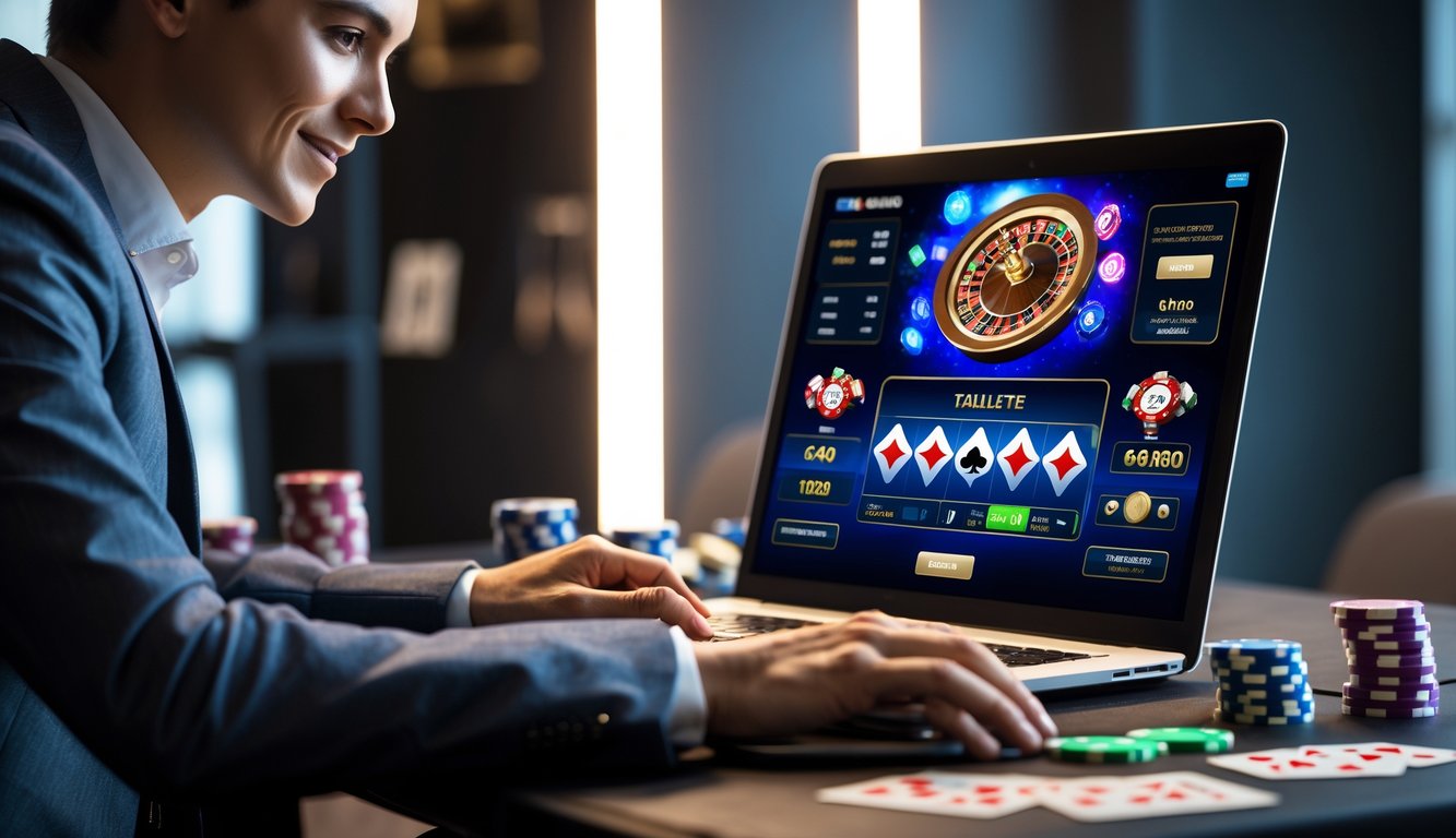 Seseorang duduk di depan laptop dengan tampilan permainan kasino online, terlihat fokus dan percaya diri.