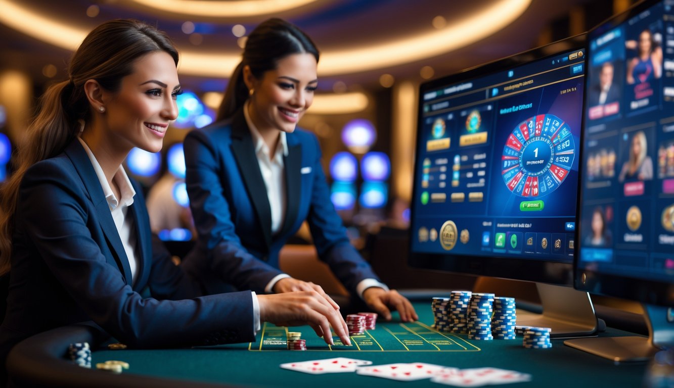 Seorang dealer wanita tersenyum di meja kasino dengan kartu dan chip, berinteraksi melalui layar komputer dengan fitur permainan interaktif.