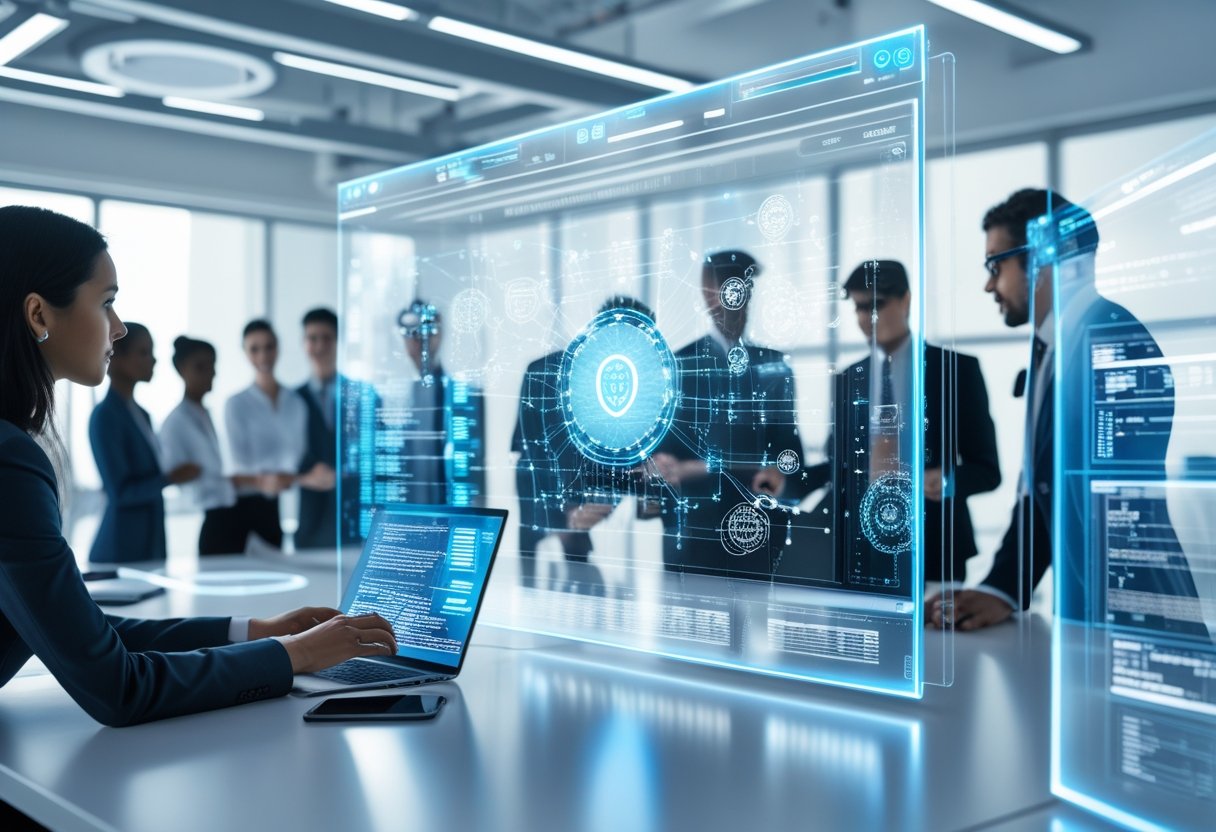 Ein moderner Arbeitsplatz mit einem digitalen Interface und einem Team von Fachleuten, die an holografischen Bildschirmen zusammenarbeiten.