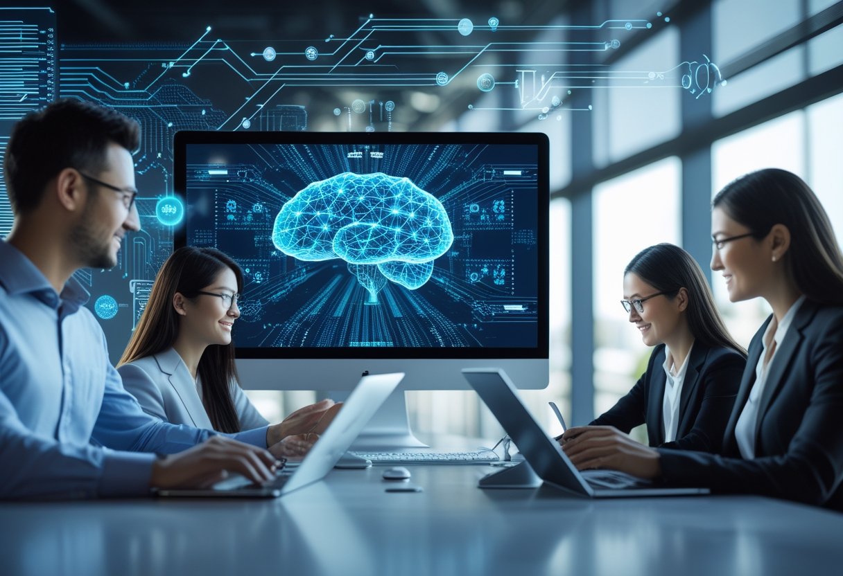 Ein moderner Arbeitsplatz mit mehreren Personen, die an Computern und Tablets arbeiten, umgeben von abstrakten Darstellungen von künstlicher Intelligenz.