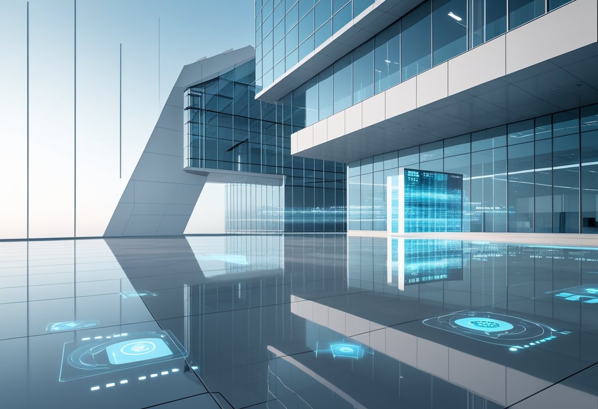 Ein modernes Bürogebäude mit großen Glasflächen und digitalen Hologrammen im Vordergrund.