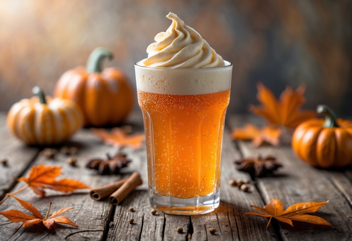A glass of pumpkin cream soda with creamy foam on top, surrounded by small pumpkins, cinnamon sticks, and autumn leaves on a wooden table.