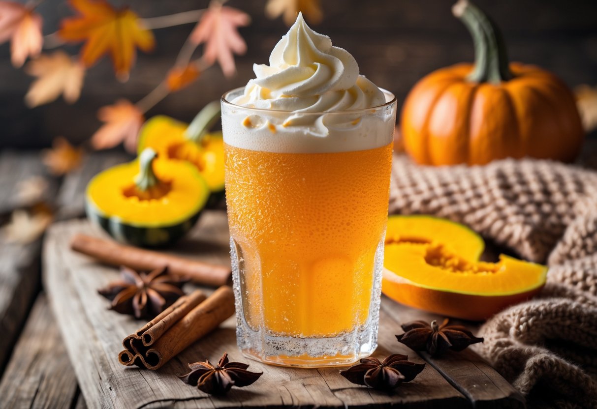 A glass of pumpkin cream soda topped with whipped cream, surrounded by pumpkin slices and spices on a wooden table.