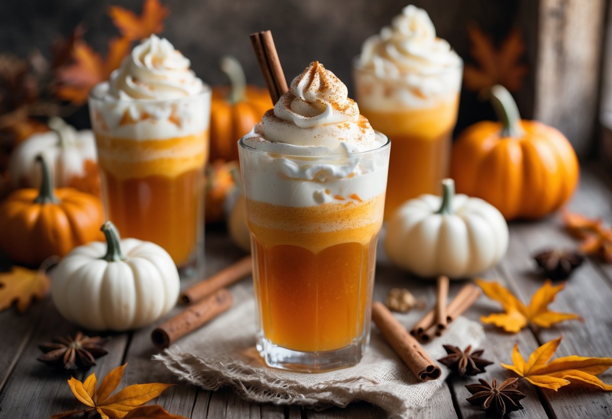A glass of pumpkin cream soda topped with whipped cream and a cinnamon stick, surrounded by pumpkins, cinnamon sticks, and fall leaves on a wooden table.