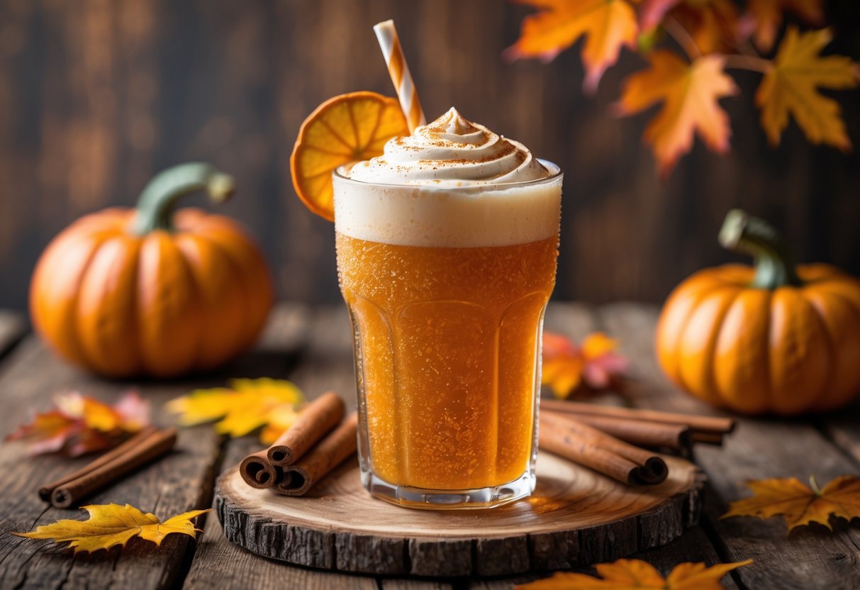 A glass of pumpkin cream soda on a wooden table surrounded by small pumpkins, cinnamon sticks, and autumn leaves.