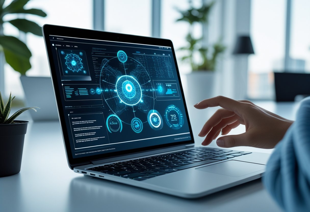 Ein moderner Arbeitsplatz mit einem Laptop, auf dem eine KI-Oberfläche angezeigt wird, und einer Hand, die den Laptop bedient.