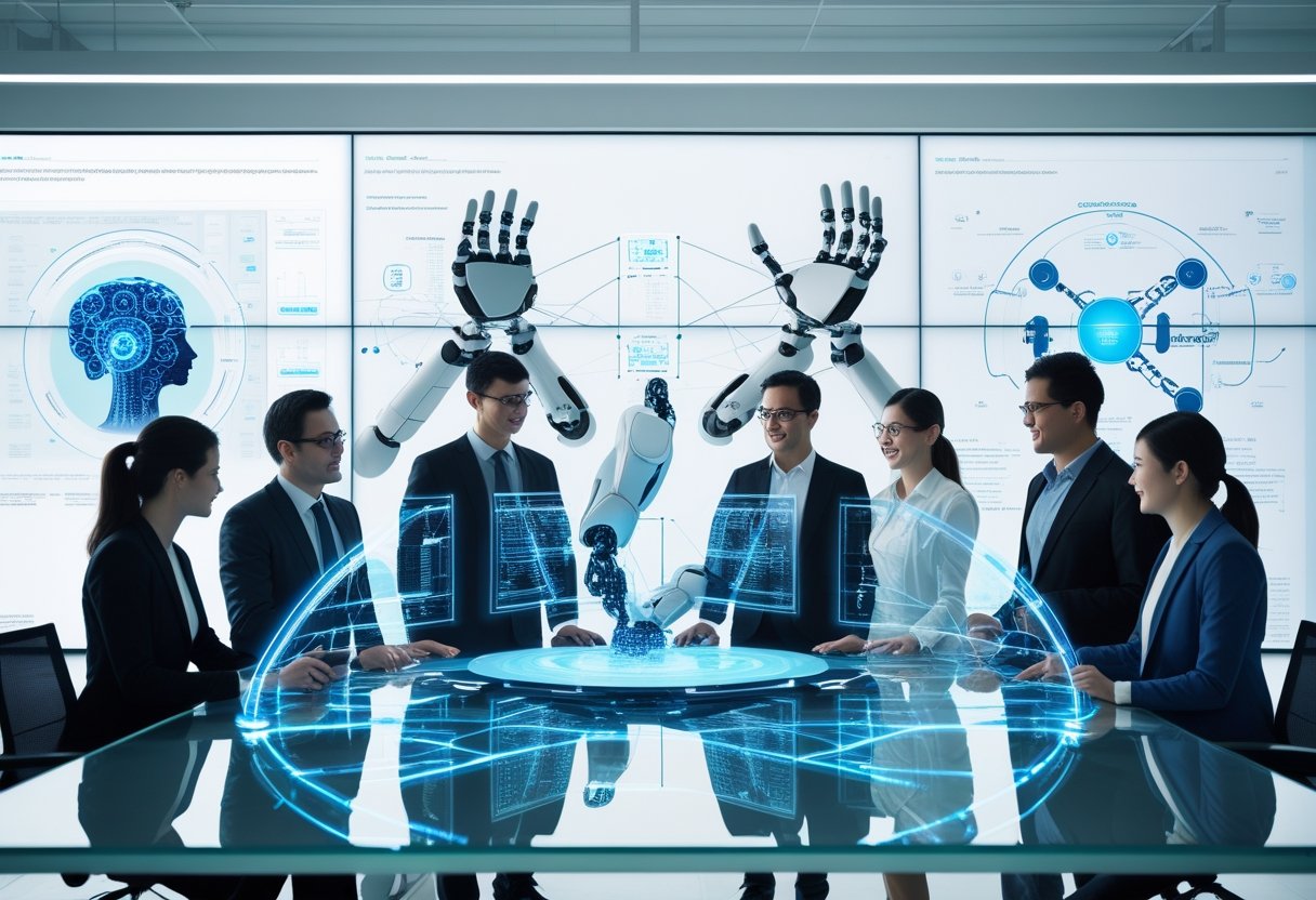 Ein modernes Büro mit Fachleuten, die an digitalen Hologrammen und KI-Darstellungen zusammenarbeiten.