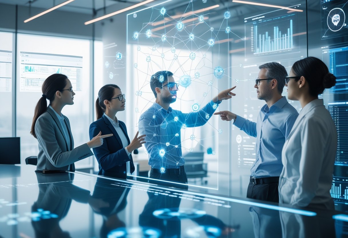 Ein moderner Arbeitsplatz mit Fachleuten, die vor einem großen digitalen Bildschirm stehen und komplexe Daten und Diagramme analysieren.