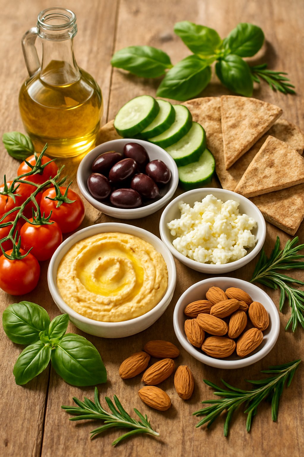 A table with a variety of Mediterranean diet snacks including tomatoes, cucumbers, olives, pita bread, hummus, feta cheese, almonds, and olive oil.