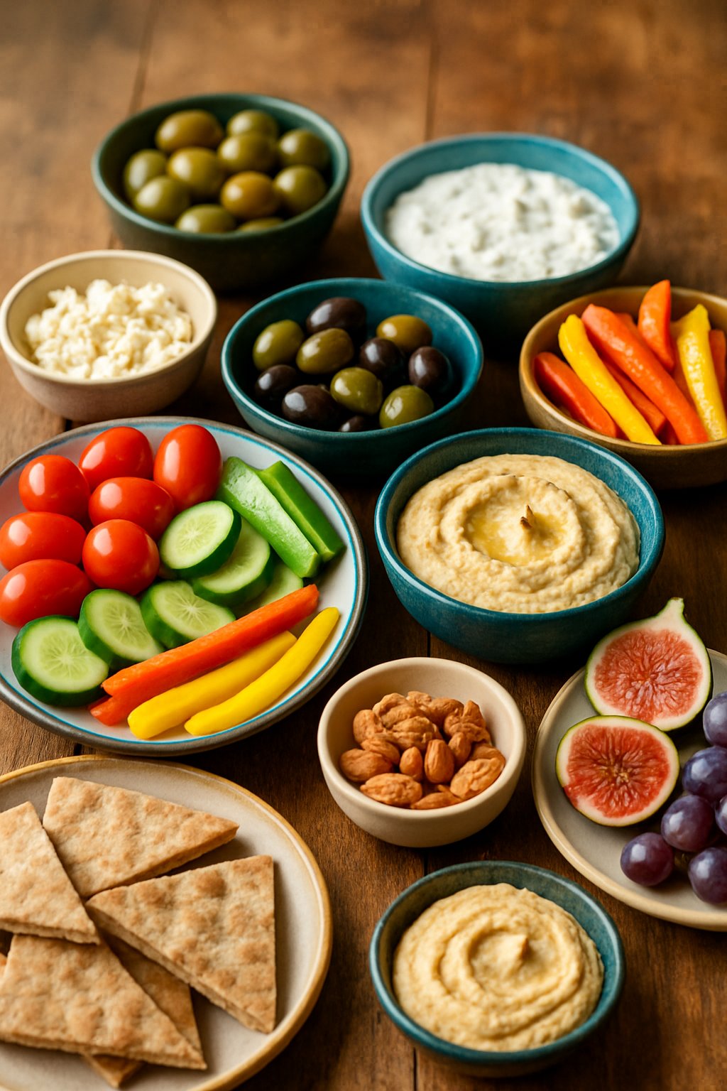 A table with bowls and plates of Mediterranean diet snacks including fresh vegetables, olives, dips, pita bread, nuts, fruit, and feta cheese.