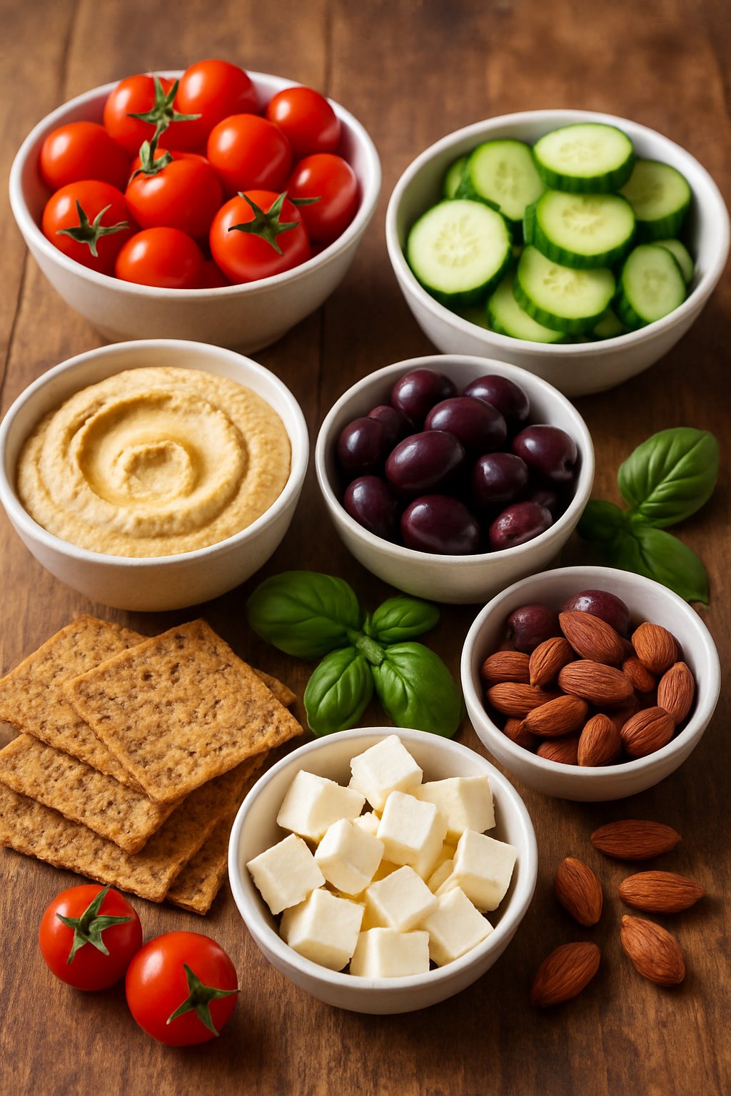 A table with an assortment of Mediterranean diet snacks including cherry tomatoes, cucumbers, olives, hummus, crackers, feta cheese, almonds, and basil leaves.