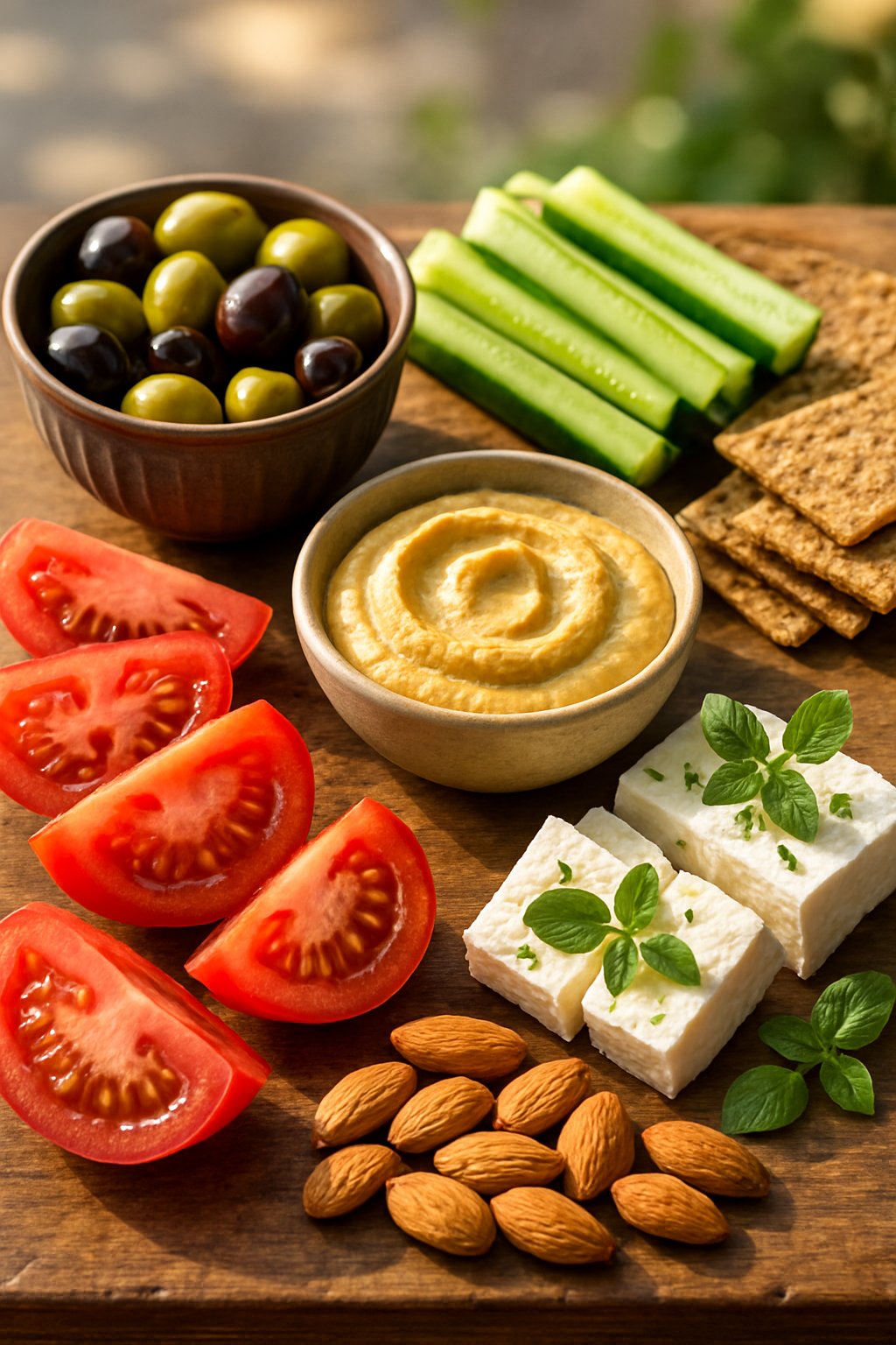 An assortment of Mediterranean diet snacks including olives, tomatoes, cucumber sticks, crackers, hummus, almonds, and feta cheese arranged on a wooden table.