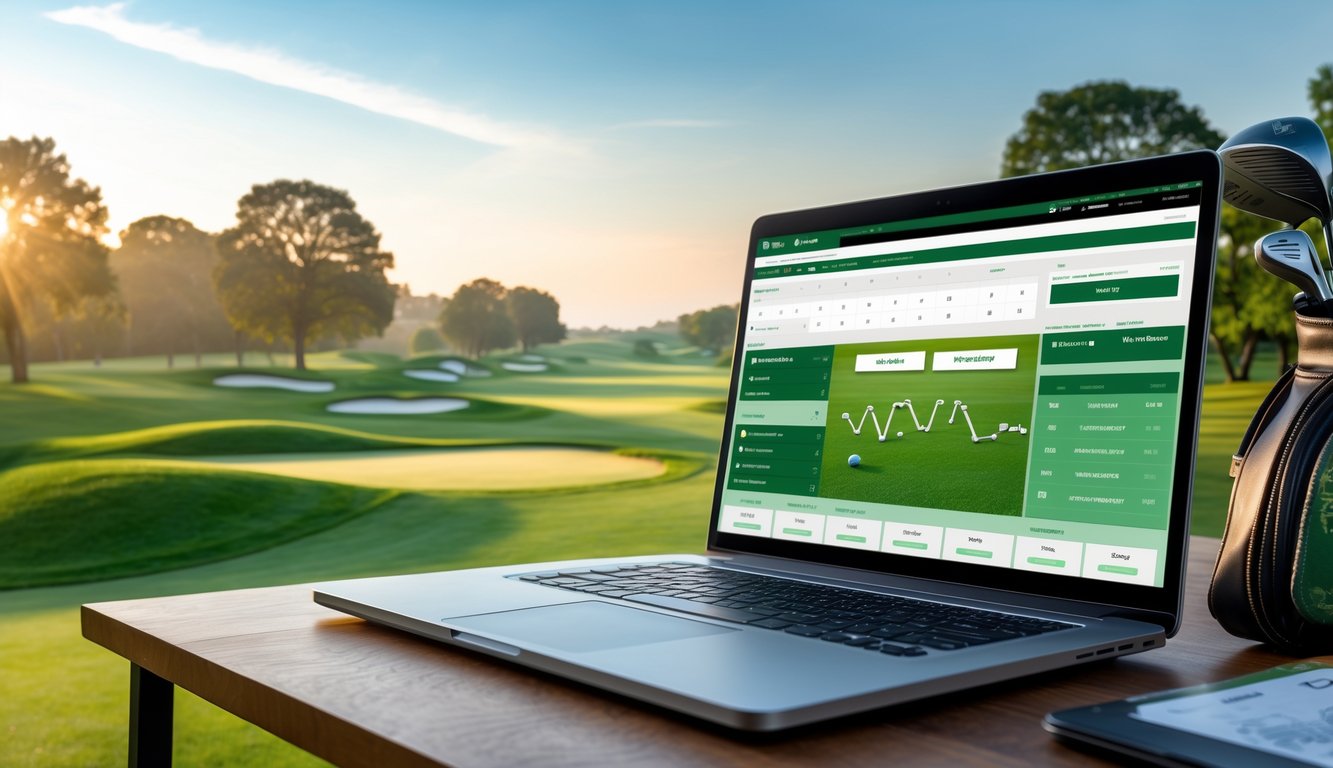 Pemandangan lapangan golf yang rapi dengan laptop di meja kayu yang menampilkan antarmuka taruhan golf online, di bawah sinar matahari pagi.