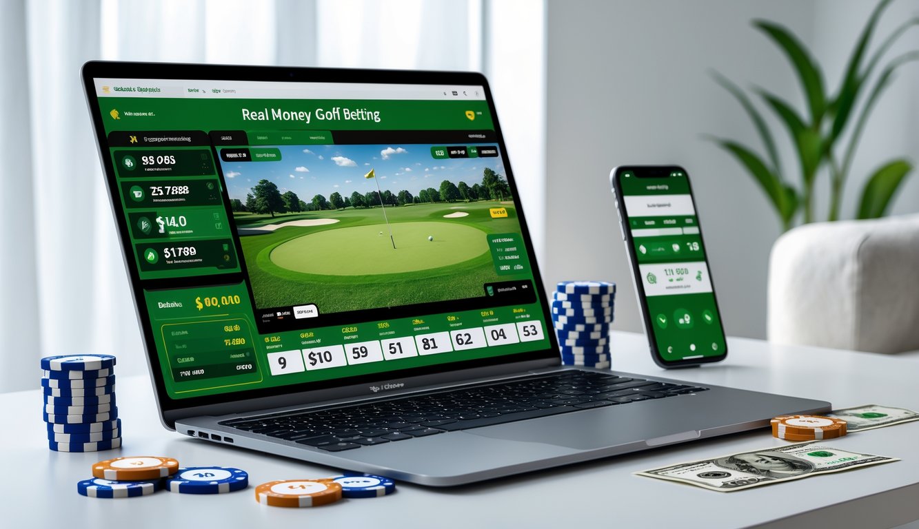 Seorang pria menggunakan laptop dengan tampilan permainan golf dan taruhan uang asli di meja kerja yang rapi dengan chip poker dan ponsel di sampingnya.